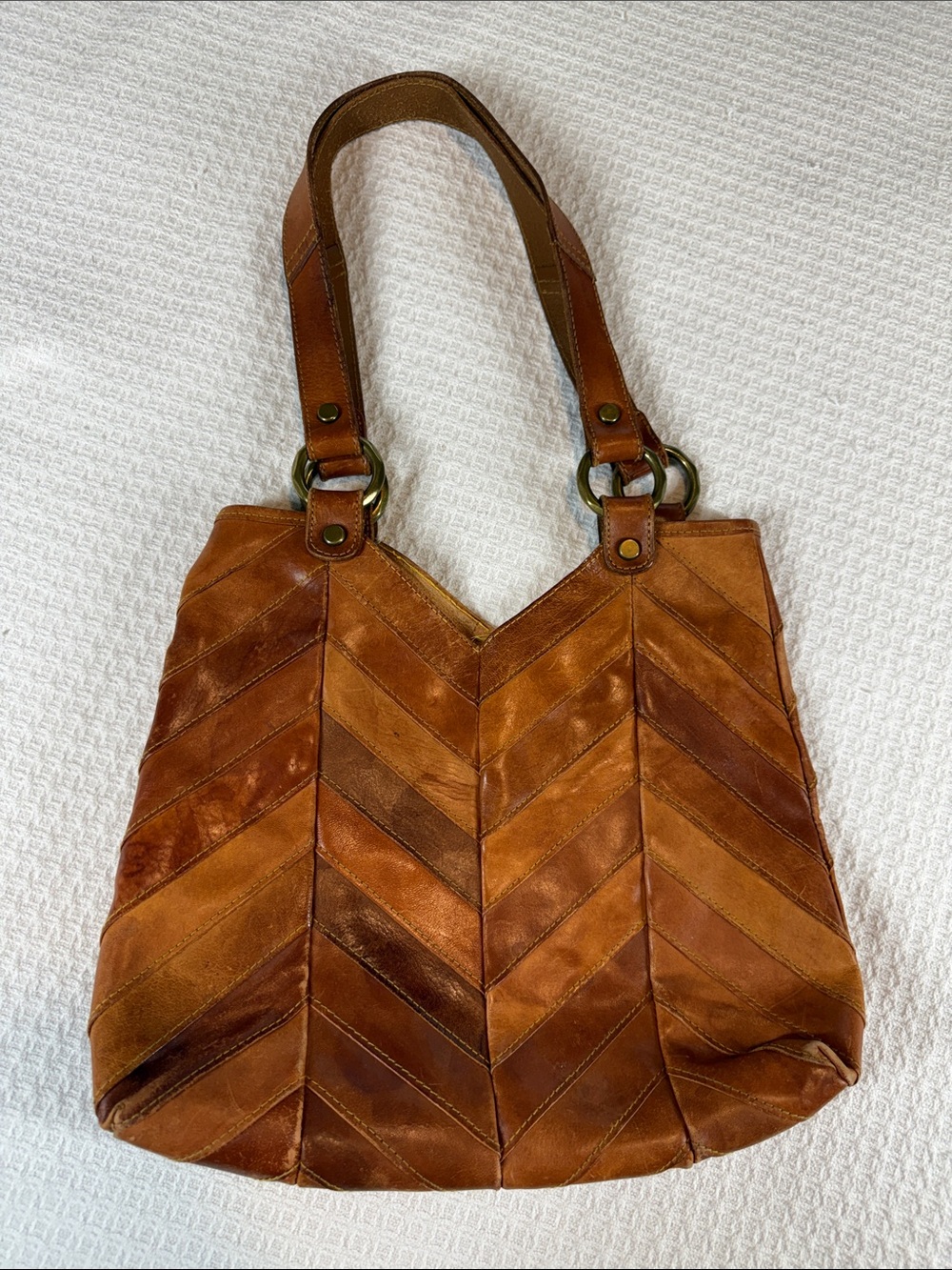 Boho Brown leather chevron patchwork shoulder bag tote unlined